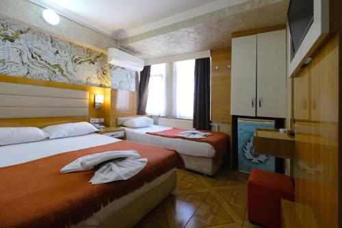 伊斯坦布尔HOTELOZBEK的一间酒店客房,设有两张床和电视