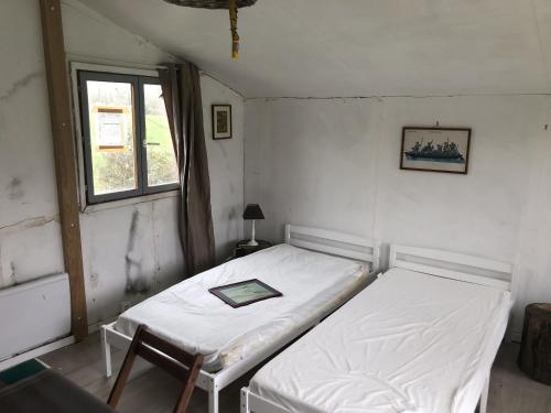 Les Chalets de Babeth et Cathy的一间卧室设有两张床和窗户。