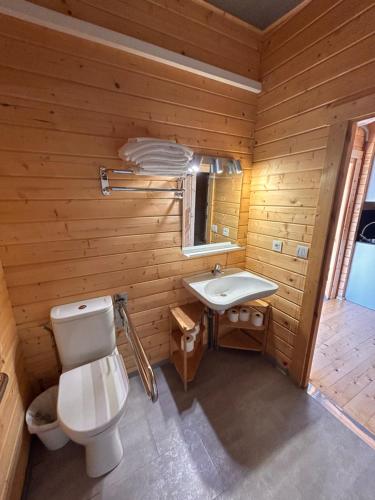 MendexaCamping & Bungalows Leagi的木制浴室设有卫生间和水槽
