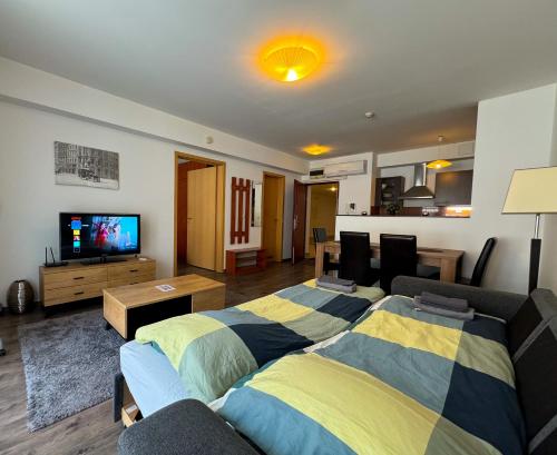 布达佩斯NOVO Central Apartments的一间带两张床的卧室和一间客厅