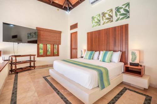 蓬塔卡纳Newly added Tropical Bungalow at Green Village的卧室配有白色的床和电视