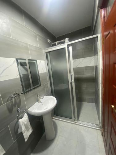 MeruMeru Heights Luxury Apartments的带淋浴和盥洗盆的浴室