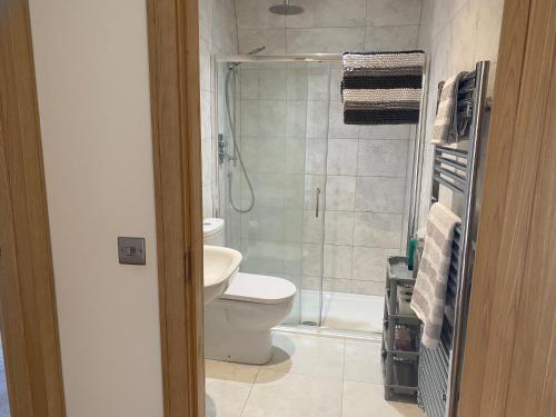 阿洛厄Immaculate 2 Bed property in rural location的浴室配有白色卫生间和淋浴。