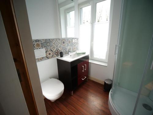 蓬托尔松杜库埃农乐思酒店的浴室配有卫生间、盥洗盆和淋浴。