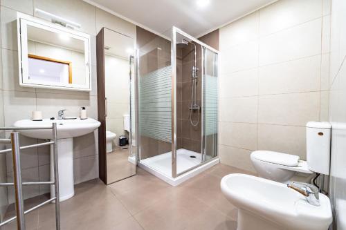 布拉加Flat Armada II - Apartamento T5 junto ao BragaParque的带淋浴、盥洗盆和卫生间的浴室