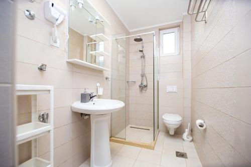 多布拉沃达Apartments AriaSana的一间带水槽、淋浴和卫生间的浴室