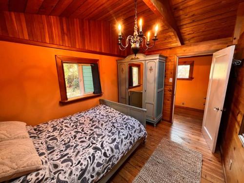 斯阔米什Nostalgic Downtown Boatbuilder's Cabin - Licensed的一间卧室配有一张床和一个吊灯