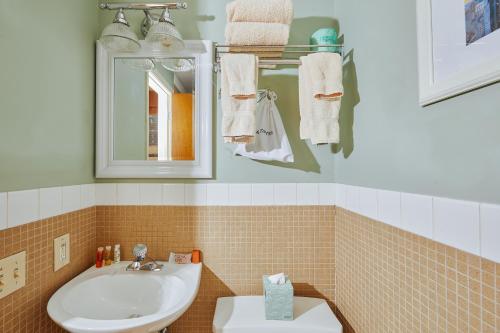 费城亚历山大酒店的浴室配有盥洗盆、镜子和毛巾