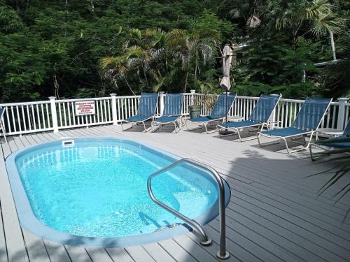 Cruz BayJuliette - Studio, Sunset ocean views, pool.的甲板上的热水浴池,配有躺椅