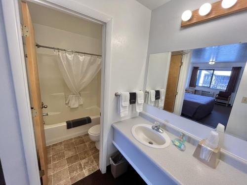 恩尼斯Red Bear Inn的一间带水槽、卫生间和镜子的浴室