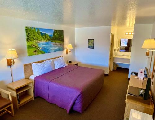 恩尼斯Red Bear Inn的酒店客房设有一张大床和一间浴室。