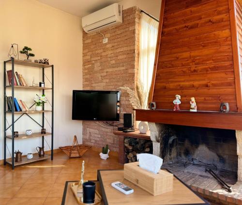 地拉那SkyView Oasis Premium Apartment的客厅设有壁炉和电视。