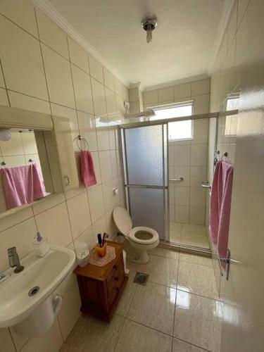 圣维森特岛Apartamento com pé na areia的带淋浴、卫生间和盥洗盆的浴室