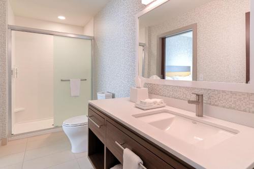 阿尔科Home2 Suites By Hilton Alcoa Knoxville Airport的一间带水槽、卫生间和镜子的浴室