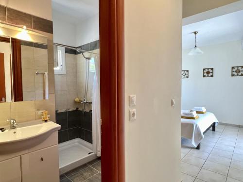 斯卡拉Villa Seagull的浴室配有盥洗盆、淋浴和盥洗盆。