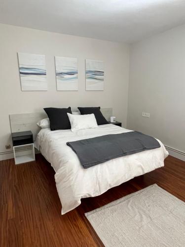 蒙达卡Apartamento Ideal的一间卧室配有一张大床,墙上挂着一些绘画作品
