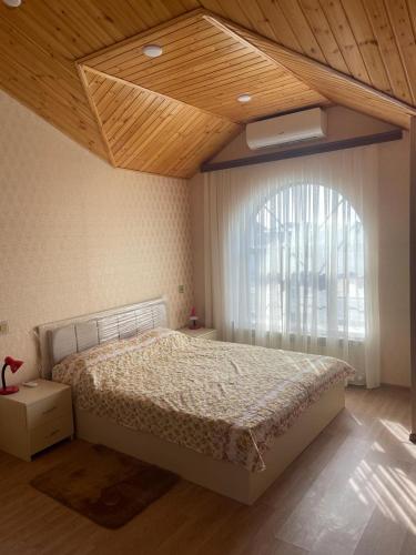 巴库Villa near SeaBreeze Nardaran Baku的一间卧室设有一张大床和一个窗户。