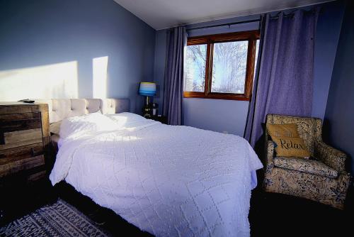 安克雷奇Quiet And Comfortable Deluxe的卧室配有床、椅子和窗户。