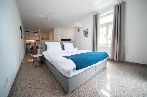 杜塞尔多夫Apartments - Kitchen & More的一间卧室配有一张带蓝色毯子的大床