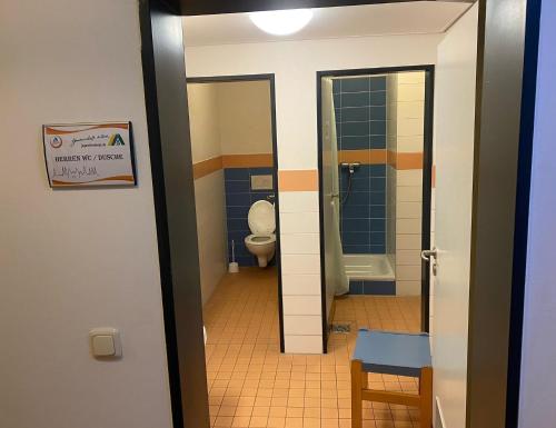 吕贝克吕贝克老城青年旅舍的一间带卫生间和门廊的浴室