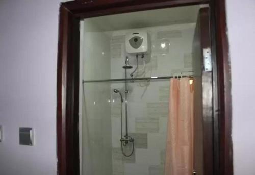 OgbodoAyoluyem Aparthotel and Suites的带淋浴和浴帘的浴室