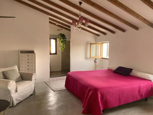 柳维Casa Mona Turismo de Interior的卧室配有粉红色的床和椅子