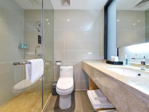 黄陂City Comfort Inn Hantianhe Airport Hengdian Street的一间带卫生间、水槽和镜子的浴室