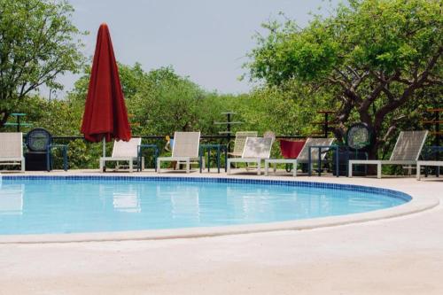 奥考奎约Etosha Safari Camp, Etosha National Park, Namibia的一个带椅子和红伞的游泳池