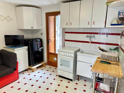 沙穆瓦Cozy Chalet With Mountain Views in Ussin, Valtourneche, Parking的厨房配有炉灶、水槽和冰箱。