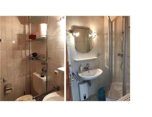 梅谢尼希Fewo mit eigener Terrasse und Ausblick的带淋浴、盥洗盆和卫生间的浴室