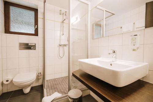 Laubach瓦尔德酒店的白色的浴室设有水槽和卫生间。