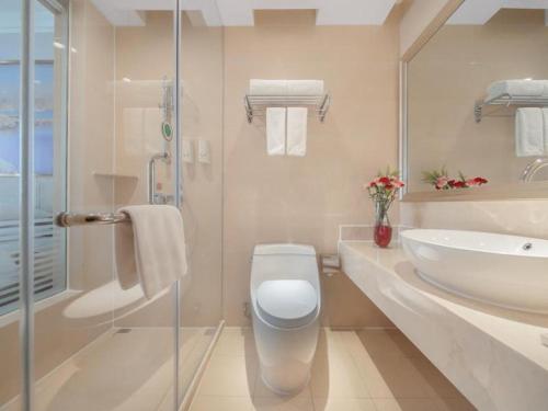 ChenyangzhaiVienna Hotel Shaanxi Xianyang Huitong China Square的白色的浴室设有卫生间和水槽。