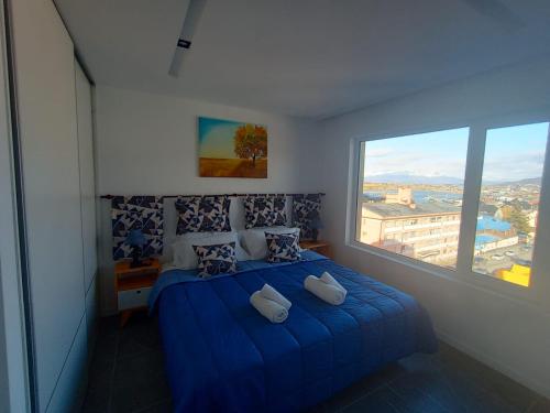 乌斯怀亚Rincon del Beagle的一间卧室设有一张蓝色的床和大窗户