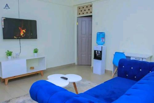 KeruguyaArctic kerugoya的客厅配有蓝色的沙发和电视