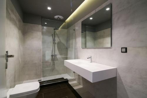 苏尼翁Luxury Beachfront Villa Selenia Gold in Sounio的一间带水槽、卫生间和镜子的浴室