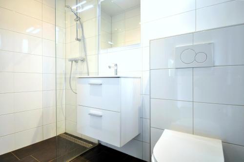 NoordwoldeVakantiepark Bosmeer Friesland的白色的浴室设有卫生间和淋浴。
