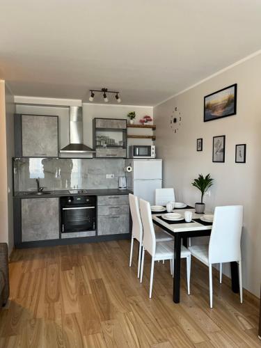 利耶帕亚Baltic Apartament的厨房以及带桌椅的用餐室。