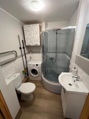 利耶帕亚Baltic Apartament的带淋浴、卫生间和盥洗盆的浴室