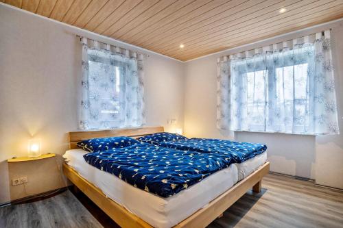 巴登-巴登豪斯蒙泰罗萨公寓的一间卧室配有一张带蓝色床单的床和两个窗户。