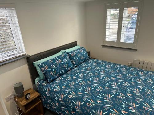 帕兹托HeyRic的一间卧室配有一张带蓝色棉被的床