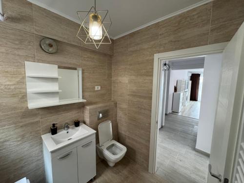 雅西Apartament in bloc rezidential的一间带卫生间、水槽和镜子的浴室