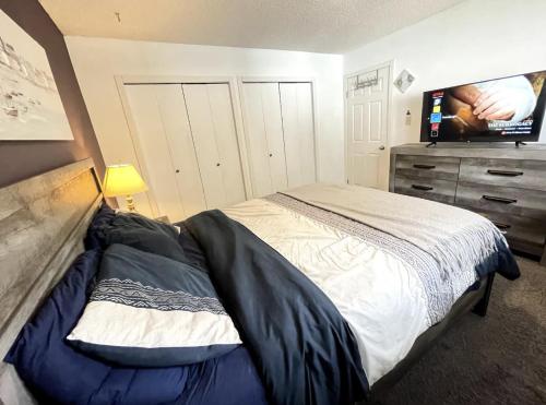 萨斯卡通A Quiet Hideaway in Saskatoon的一间卧室配有一张床和一台平面电视