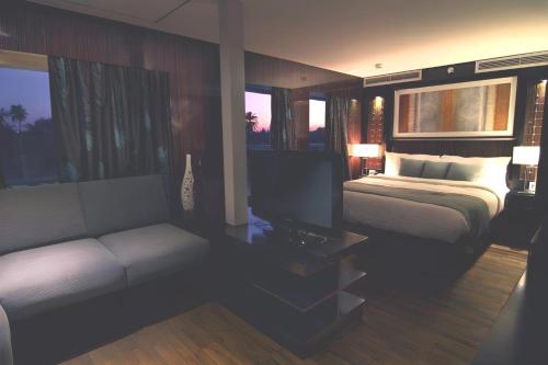 阿斯旺NILE CRUISE LUXOR & ASWAN L的一间卧室配有一张床、一张沙发和一台电视