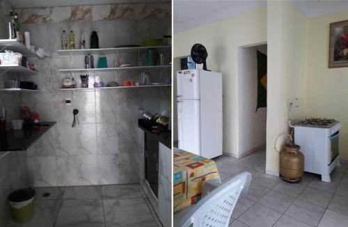 萨尔瓦多hostel quintal da sereia的一间厨房,内配白色冰箱