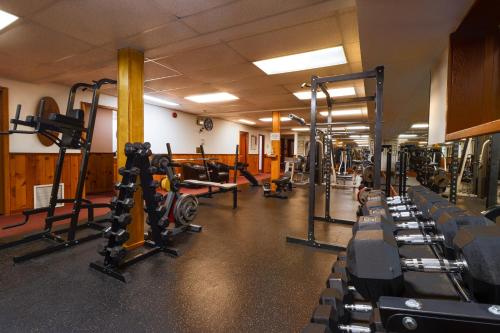路易斯湖Baker Creek By Basecamp的健身房,配有各种跑步机和机器