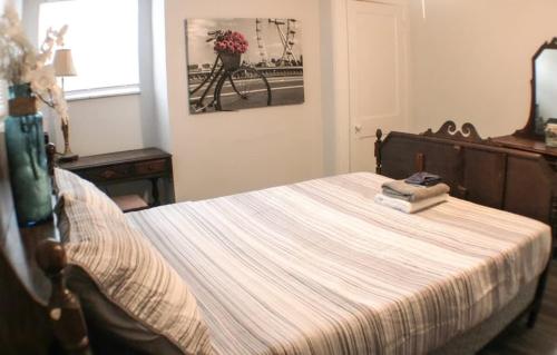 匹兹堡Massive 4 Bed House-Short Walk to Amazing View的一间卧室配有带条纹毯子的床