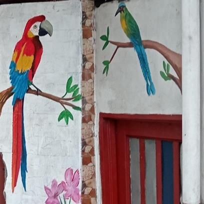 马尼萨莱斯Hostal Piedra del Ocaso的两只五颜六色的鸟栖息在窗子上方的树枝上