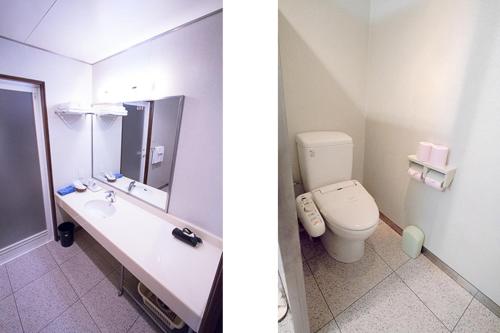 都城市ホテル中山荘的浴室的两张照片,配有卫生间和水槽