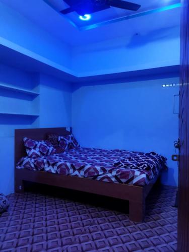 亨比Karthik home stay的蓝色灯间的一张床位