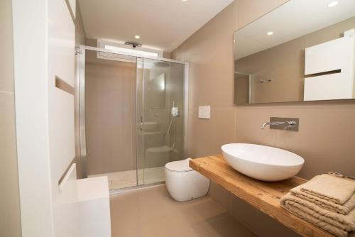 莱乌卡Villa Gabriella的一间带水槽、卫生间和淋浴的浴室